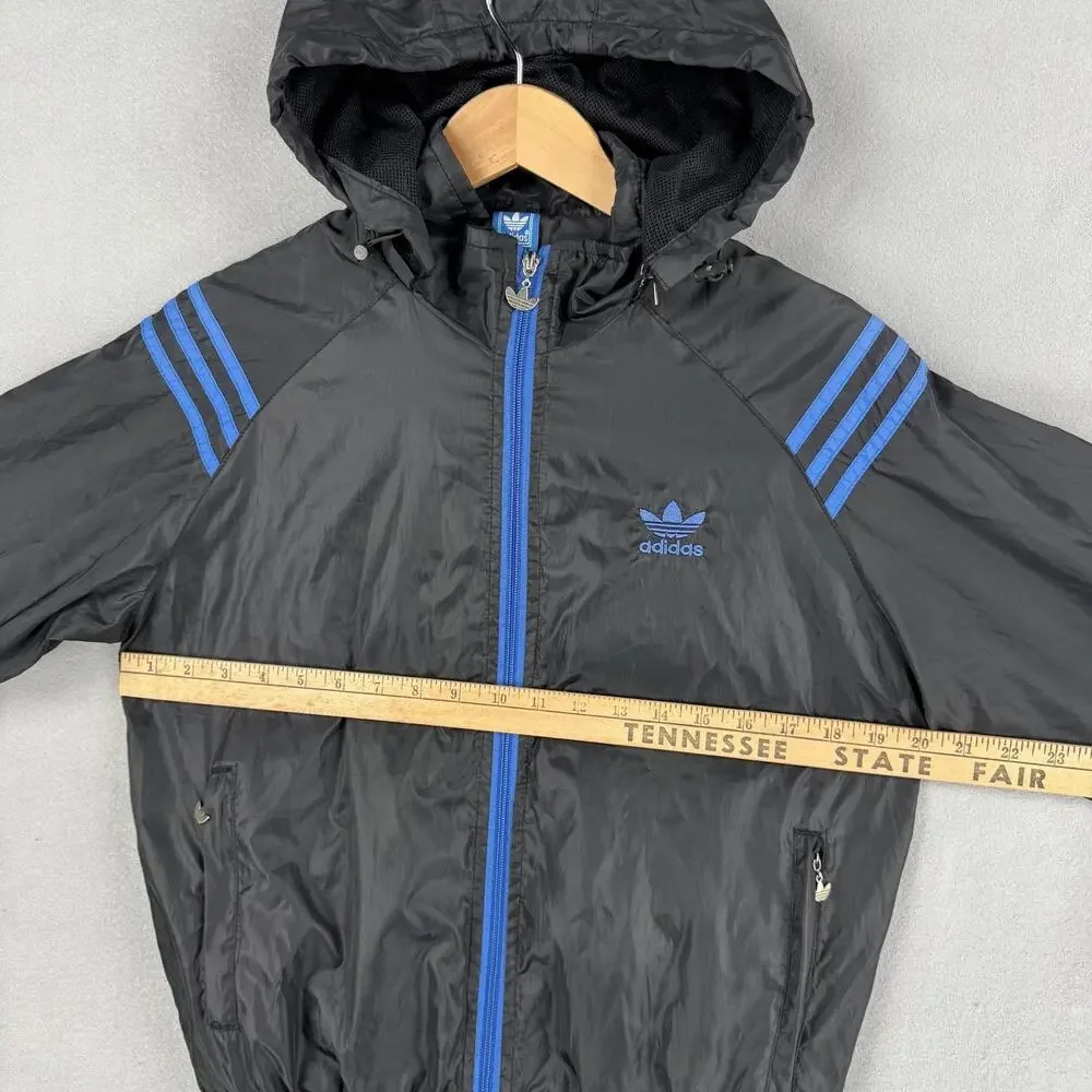 Vintage Adidas Originals Jacket Mens Medium Black Blue Hood Windbreaker Full Zip